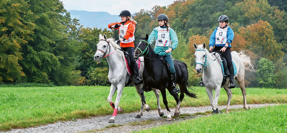 Die Jugend-Reiterinnen Anouka Vielhauer, Lisa Burri und Seline Unternährer kurz vor dem Ziel an der SM 2020 (v. l. n. r.) | © Claudia A. Spitz