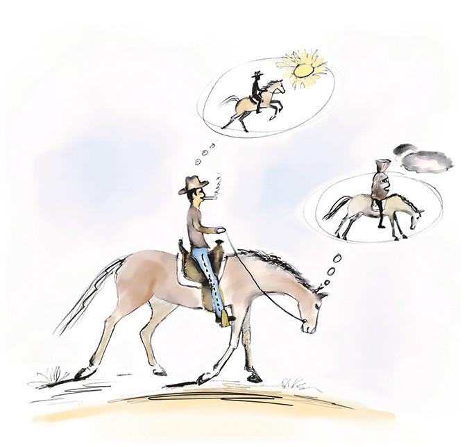 Die unterschiedliche Wahrnehmung von Reiter und Pferd wird im Buch treffend skizziert. | © Kerstin Diacont