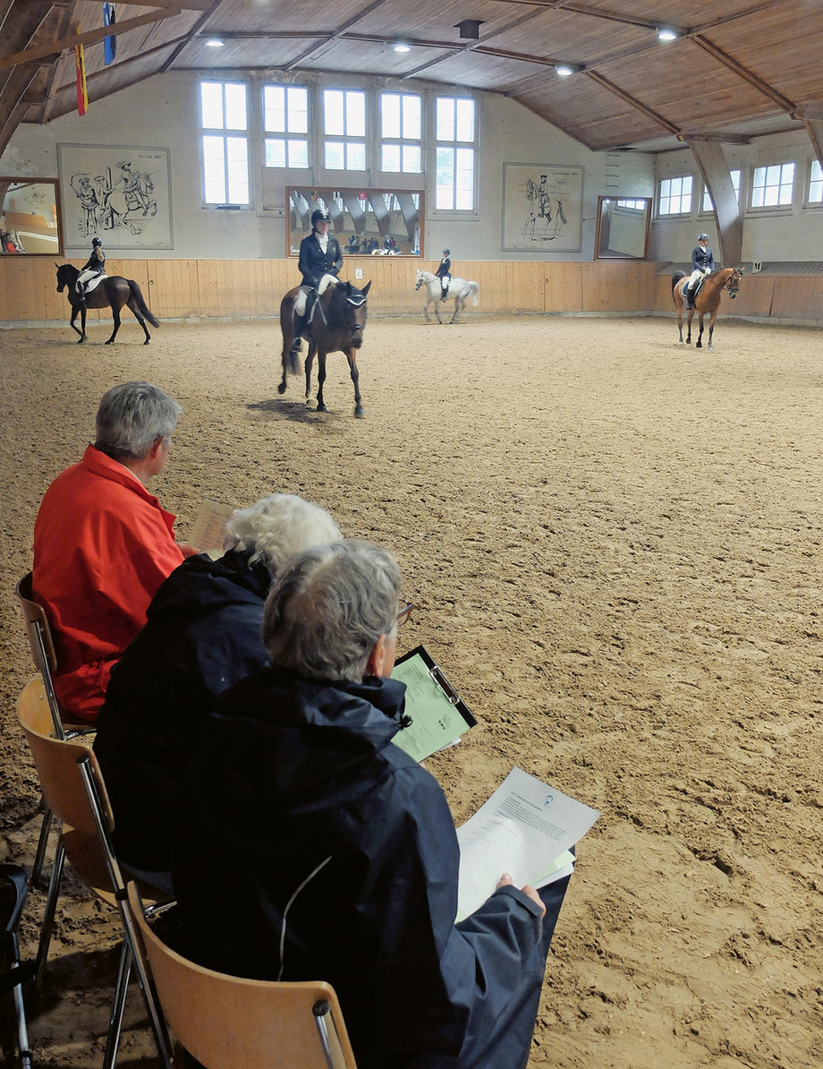 Dans le manège de Berne, Regula Straumann, Antoinette Lier et Hans Bienz observent l’échauffement des chevaux en vue de l’épreuve de Dressage. (Photo: STS/Thomas Frei)