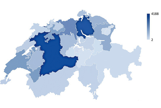 Kantonale Verteilung der Bestplatzierten bei den Dressurreiter:innen von 2012 bis 2019. | © HAFL