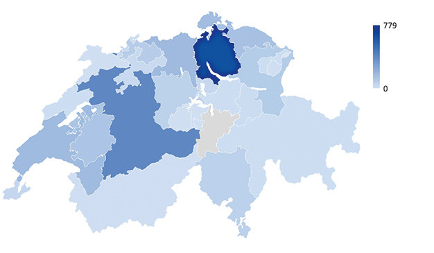 Kantonale Verteilung der Bestplatzierten bei den  CC-Reiter:innen von 2012 bis 2019. | © HAFL 