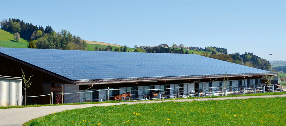 Le centre équestre Chipf de la famille Rindlisbacher avec l’imposanteinstallation photovoltaïque sur le toit du manège. (image: zVg)