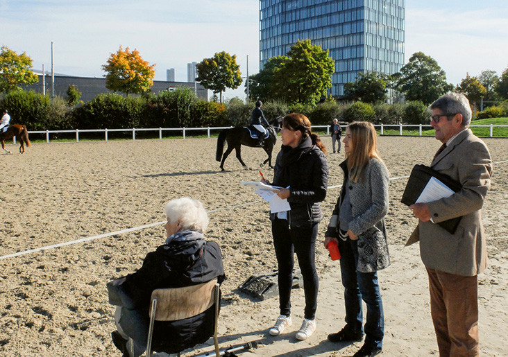 Trois juges désignés par la PSA apprécient la préparation respectueuse du cheval lors d’un concours.  © PSA